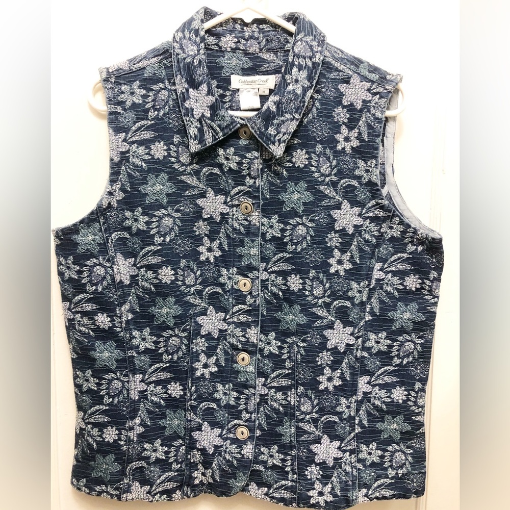 Coldwater Creek Denim Floral Pattern Print Vest Size Medium